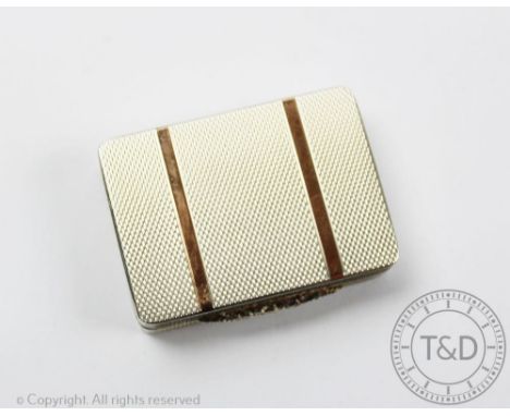 An Art Deco style silver pill box, Peter John Doherty, Birmingham 1992, of rectangular form with all over engine turned detai