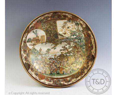 A large Japanese satsuma bowl, Meiji Period, Dai Nippon Kozan Zo, the circular bowl extensively decorated to the interior wit