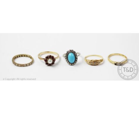 A collection of five gem set rings, to include; a five stone diamond ring, a three stone diamond ring (one missing) stamped '