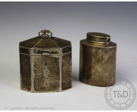 A late Victorian silver tea caddy, of octagonal form, William Hutton and Sons, London 1897, engraved with an armorial for the