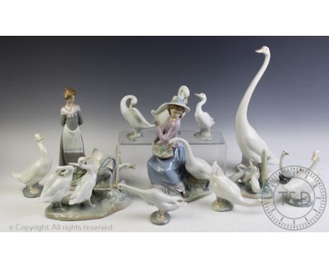 A selection of Lladro goose figures, to include; model number 5034, 24cm high, model number 5659, 24cm high, model number 454