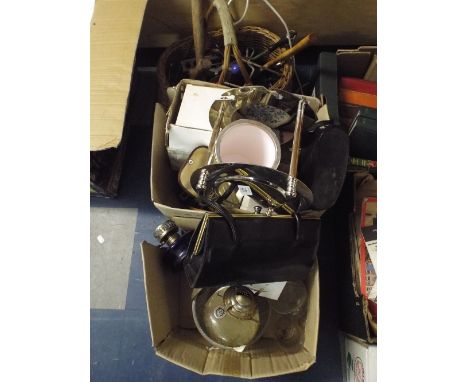 A Wicker Basket Containing Tools and Two Boxes of Sundries, Oil Lamps Etc. 