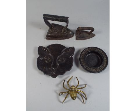Two Flat Irons, Brass Spider Teapot Stand Etc. 