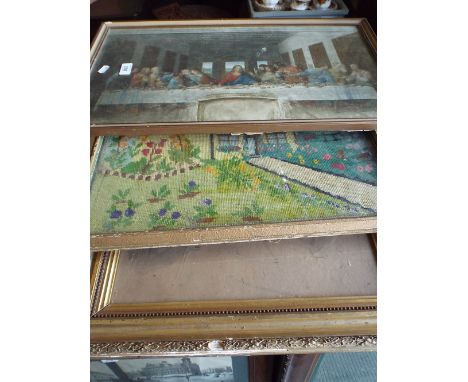 A Framed Tapestry and Two Religious Prints