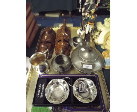 A Tray of Sundries to Include Tribal Masks Pewter Tea Set Figural Ornaments Etc. 