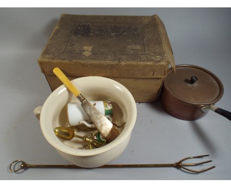 A Scotts Hat Box Together with Copper Saucepan Brass Toasting Fork Etc. 