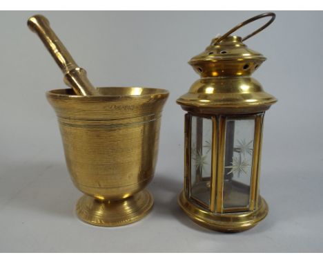 A Brass Pestle and Mortar, Brass Hexagonal Lantern and Brass Hooks.  