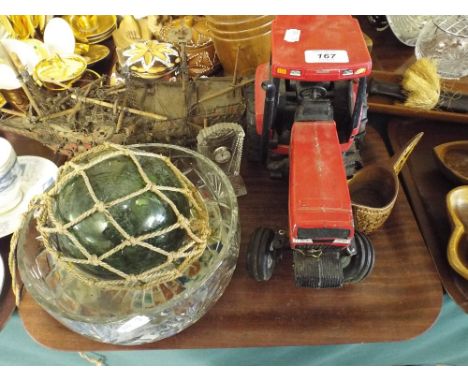 A Tray of Mixed Sundries to Include Die Cast Tractor, Cut Glass Bowl, Glass Fishing Float Model Ship Etc. 