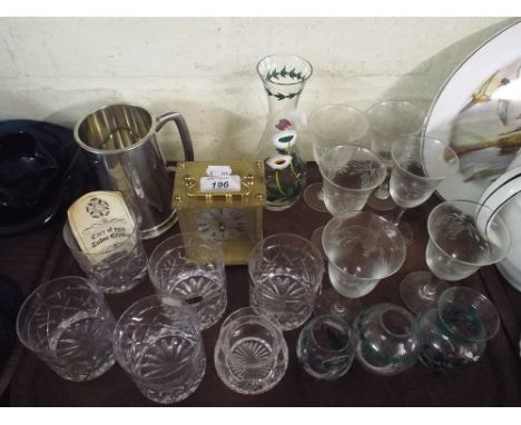 A Tray of Glass Ware, Carriage Clock, Tankard.