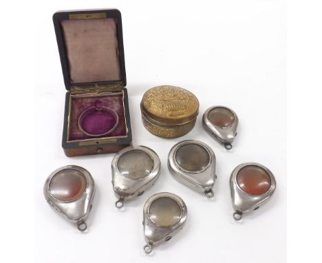 Mahogany pocket watch display case, the hinged lid revealing a lined interior; together with a circular cast metal jewellery/