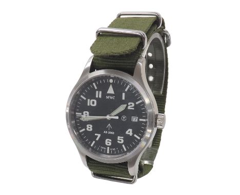 Military style automatic stainless steel gentleman's wristwatch, black dial marked MWC with Military arrow, circled T and mar