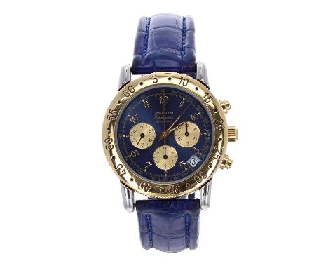 Zenith Epervier chronograph automatic gold plated and stainless steel gentleman's wristwatch, ref. 19.0130.400, rotating beze