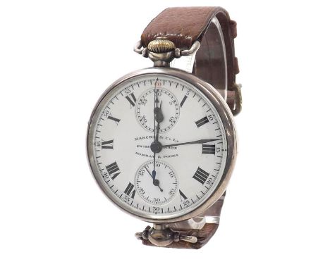 Marcks &amp; Co Ltd, Bombay &amp; Poona silver centre second chronograph wristwatch, white enamel dial with Roman numerals, o