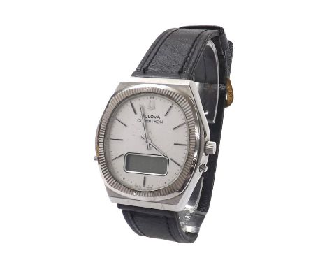 Bulova Combitron stainless steel gentleman's wristwatch, ref. 8345-1, circa 1979, serial no. 5 7xxxx2, silvered dial with bat