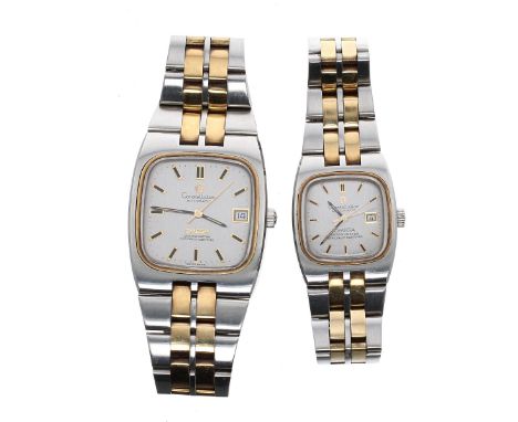 Pair of Omega Constellation Chronometer automatic bicolour lady's and gentleman's bracelet watches, each with silvered dial, 