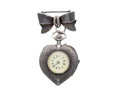 Silver (0.935) DF&amp;C heart shaped cylinder fob watch, signed frosted bar cylinder movement with three arm balance and regu