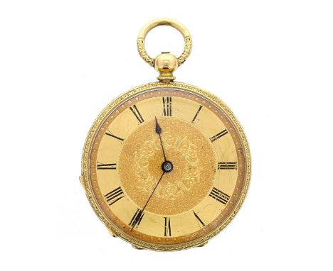 Rare 18k cylinder mourning fob watch, unsigned gilded bar movement, the gilded foliate dial with Roman numerals, the inside c