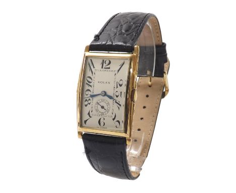 Rolex 9ct rectangular gentleman's wristwatch, circa 1928, signed silvered dial with exaggerated Arabic numerals and subsidiar
