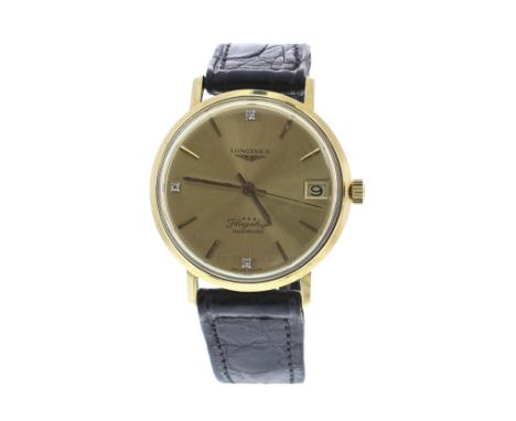 Longines Flagship *** 18k automatic gold gentleman's wristwatch, ref. 3518, champagne dial with diamond set markers and date 