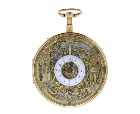 Meuron - fine and rare gold quarter repeating jacquemart automaton pocket watch, signed fusee cylinder movement with a pierce