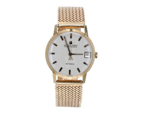 18k Universal Geneve Polerouter Date automatic gentleman's bracelet watch, circular silvered dial with baton markers, date ap