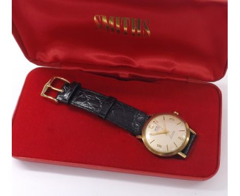 Smiths Everest 9ct gentleman's wristwatch, Edinburgh 1965, circular silvered dial with gilt quarter Arabic numerals and baton