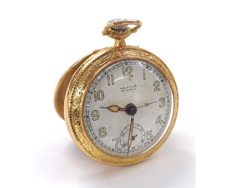 Mentor gold plated travel alarm pocket watch/clock, signed dial with Arabic numerals, outer minute track, subsidiary seconds 