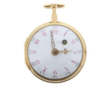 Attractive small French gold and enamel verge pocket watch, the fusee movement with balance bridge and silvered dial signed S