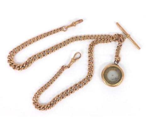 9ct rose gold curb link watch Albert, with T-bar, swivel clasps and a compass fob, 46.3gm in total, 17.5" long