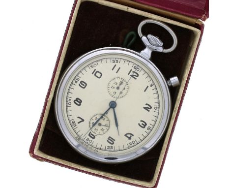 Russian chrome cased pocket stopwatch, I-53 19 jewel movement, no. 0599, the cream dial with Arabic numerals, outer minute tr