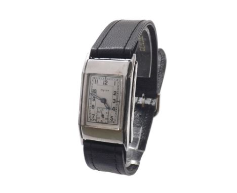 Wyler vintage 'back wind' rectangular nickel chrome cased gentleman's wristwatch, signed rectangular silvered dial with Arabi