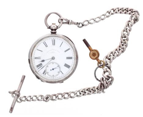Silver (0.935) cylinder engine turned pocket watch, 50mm, with silver curb chain, T-bar and clasp
