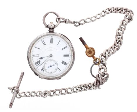 Silver (0.935) cylinder engine turned pocket watch, 50mm, with silver curb chain, T-bar and clasp