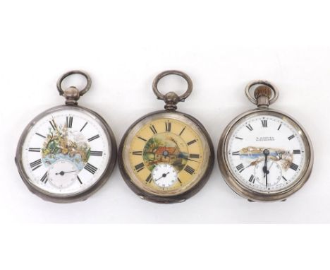 Two silver cylinder engine turned pocket watches with painted enamelled dials, together with a Rival silver lever engine turn