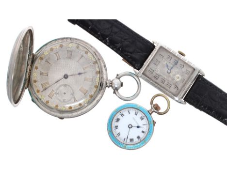 Silver cylinder engine turned hunter pocket watch, silver and enamel fob watch and a rectangular silver wristwatch (all for r