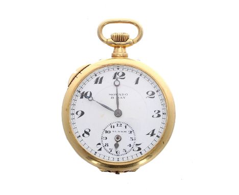 Movado 8 Day 18ct lever alarm pocket watch, ref. 1101, serial no. 120057, signed white dial with Arabic numerals moon hands a