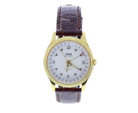 Oris Pointer Date automatic gold plated gentleman's wristwatch, ref. 7470, silvered dial with quarter Arabic numerals, hour m