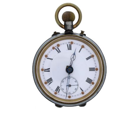 Swiss gunmetal alarm pocket watch, the white dial with Roman numerals, central alarm indicator and subsidiary seconds, easel 