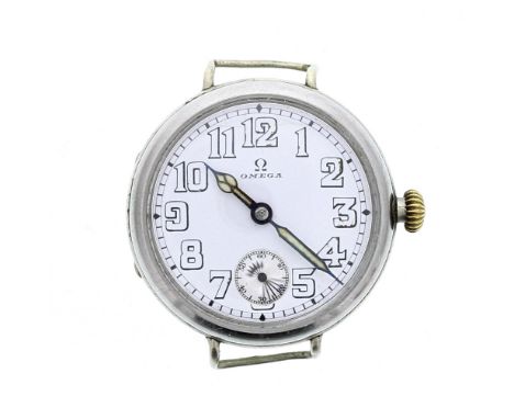 Omega WWI trench nickel cased wire-lug wristwatch, signed white dial with Arabic numerals, luminous set hands and subsidiary 