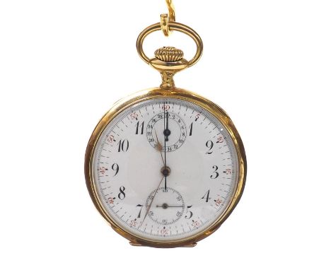 Continental gold chronograph pocket watch, the dial with Arabic numerals, outer red five minute divisions, subsidiary minute 
