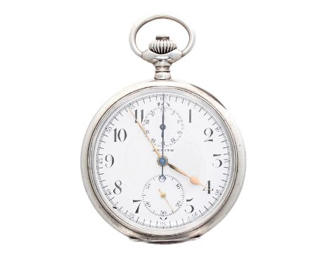 Zenith white metal (800) chronograph lever pocket watch, circa 1924, signed gilt frosted movement, no. 2651850, the dial with