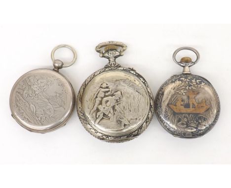 Hunting Interest - three pocket watches, each with engraved scene (3)
