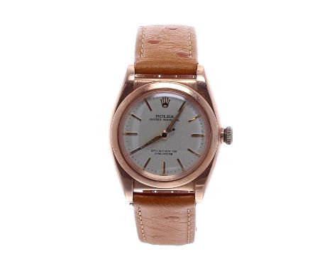 Rolex Oyster Perpetual 14k pink gold 'bubble-back' gentleman's wristwatch, ref. 3131, circa 1946, serial no. 474xxx, silvered