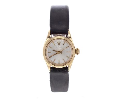 Rolex Oyster Perpetual 18k lady's wristwatch, ref. 6803, circa 1970, serial no. 2555xxxx, textured bezel, silvered dial with 