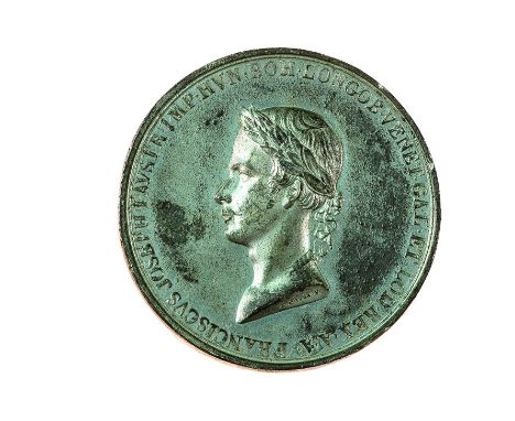 Insieme di tre medaglie medaglia 1857 per l’arrivo della coppia imperiale a Milano, stagno, incisore del conio “L. COSSA” (Lu