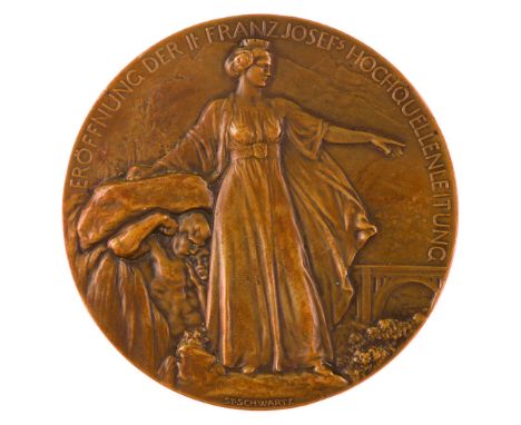 Insieme di due medaglie medaglia 1910 per il completamento della 2° “Franz-Josephs-Hochquellenleitung”, bronzo del diametro d
