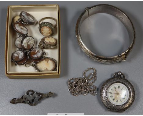 A shell cameo bracelet, silver bangle, a cameo ring pendant and earrings set in 800 silver and a silver fob watch etc.   (B.P