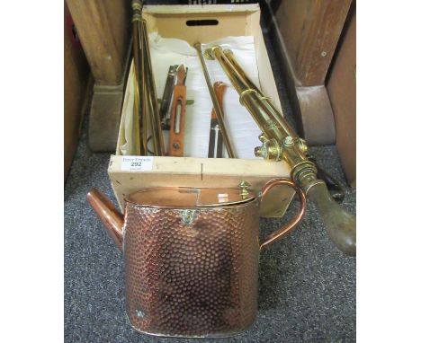 Box of vintage gardening equipment including: beaten copper watering can, 4 brass spray pumps with wooden handles, brass grou