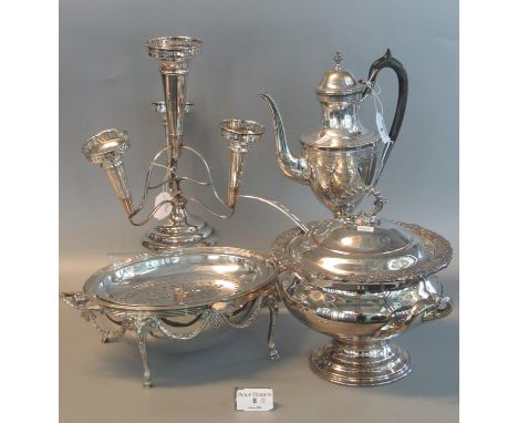 Collection of good quality silver plated items to include bacon warmer, Georgian style coffee pot, lidded two handled vegetab