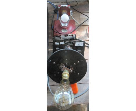 Three novelty industrial style wall lights, one formed Pifco sun lamp, the other labelled 'Stretton of Coventry' in cast iron